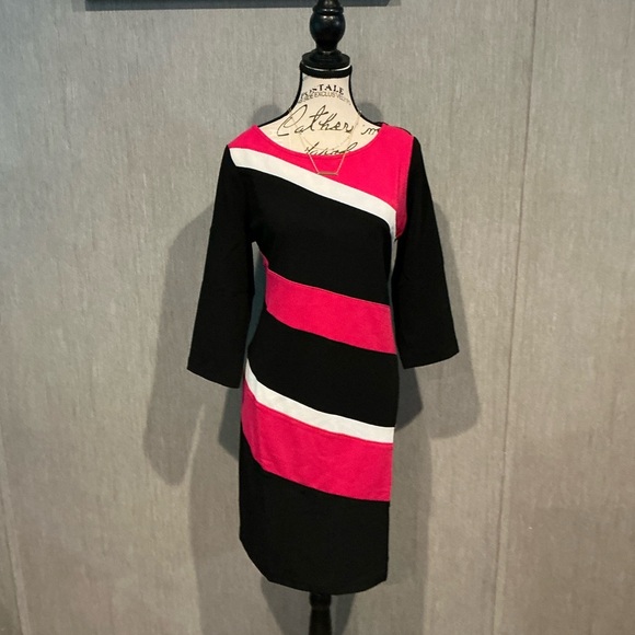 Zoe+Phoebe Asymmetrical Black and Pink Sheath Dress with 3/4 Sleeves Size Large - Picture 1 of 7